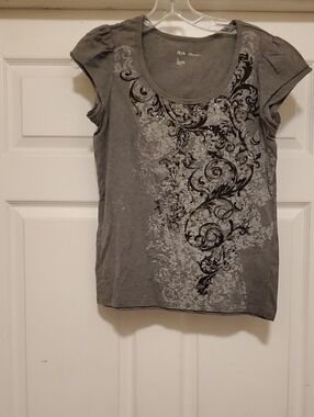 Style & Co. Gray Scoop Neck Tee with Embellished Scroll